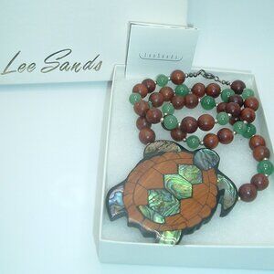 Vintage Lee Sands Turtle Necklace ( Jade, Wood, Abalone & .925 Sterling) w/Box